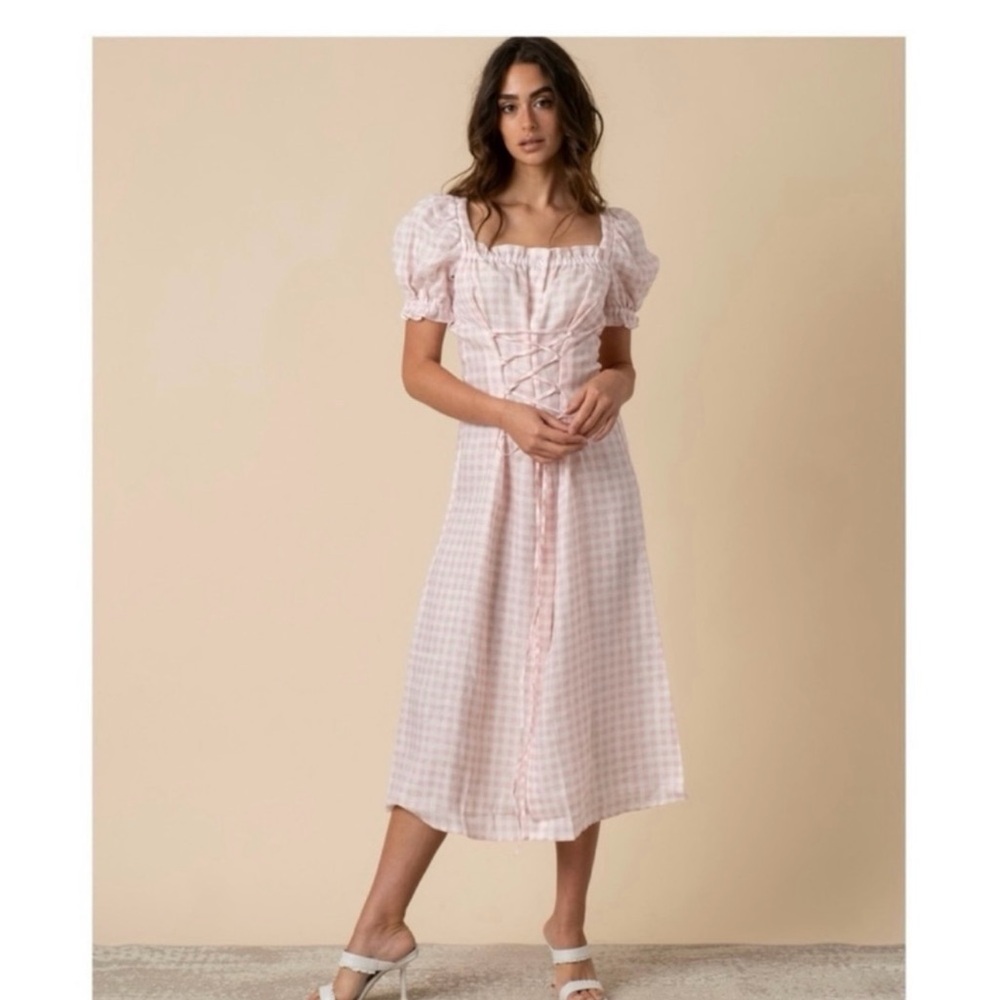 Sleeper Pink Ruched Tie Front Midi Sundress